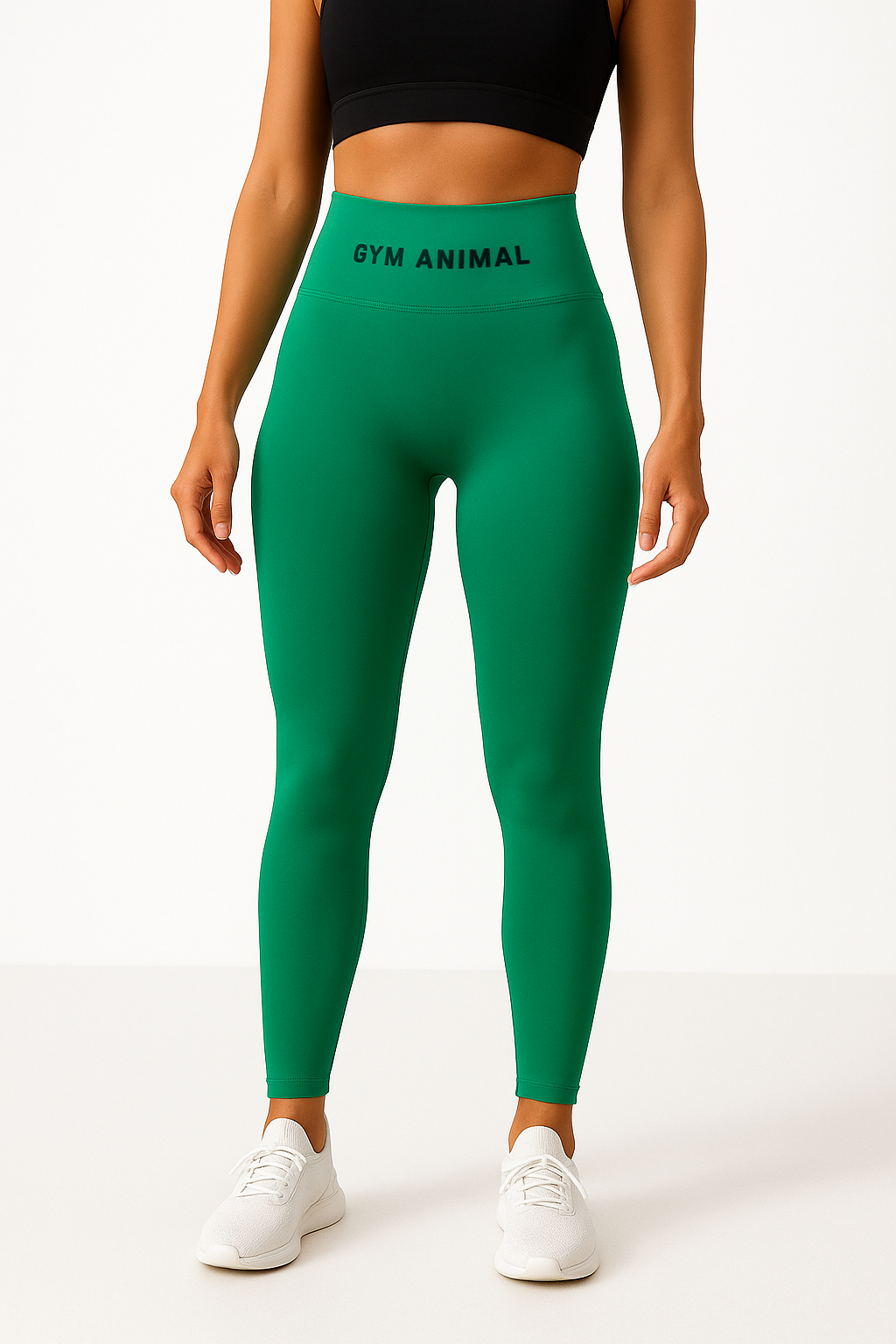 Person wearing green leggings with 'GYM ANIMAL' text on a white background