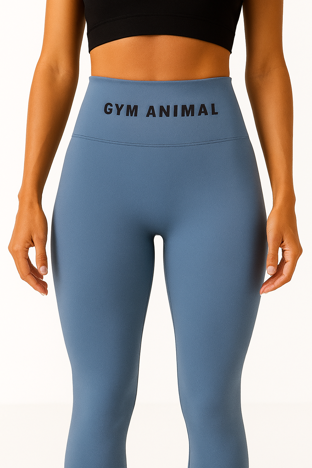 Blue leggings with 'GYM ANIMAL' text on a white background